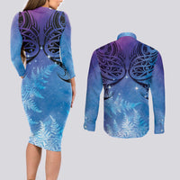 New Zealand Matariki Couples Matching Long Sleeve Bodycon Dress and Long Sleeve Button Shirt Aotearoa Maori New Year Galaxy Maori Silver Fern