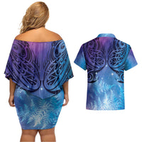 New Zealand Matariki Couples Matching Off Shoulder Short Dress and Hawaiian Shirt Aotearoa Maori New Year Galaxy Maori Silver Fern