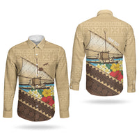 Personalised Bula Vinaka Fiji Drua Couples Matching Puletasi and Long Sleeve Button Shirt Fijian Traditional Canoe Tapa Cloth Beige LT14 - Polynesian Pride