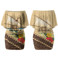 Personalised Bula Vinaka Fiji Drua Family Matching Off Shoulder Short Dress and Hawaiian Shirt Fijian Traditional Canoe Tapa Cloth Beige LT14 Mom's Dress Beige - Polynesian Pride