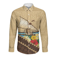 Personalised Bula Vinaka Fiji Drua Long Sleeve Button Shirt Fijian Traditional Canoe Tapa Cloth Beige LT14 Unisex Beige - Polynesian Pride