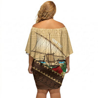 Personalised Bula Vinaka Fiji Drua Off Shoulder Short Dress Fijian Traditional Canoe Tapa Cloth Beige LT14 - Polynesian Pride