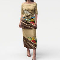 Personalised Bula Vinaka Fiji Drua Puletasi Fijian Traditional Canoe Tapa Cloth Beige LT14 Long Dress Beige - Polynesian Pride