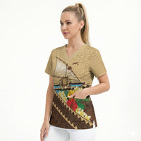Personalised Bula Vinaka Fiji Drua Scrub Top Fijian Traditional Canoe Tapa Cloth Beige LT14 - Polynesian Pride