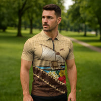 Personalised Bula Vinaka Fiji Drua Zipper Polo Shirt Fijian Traditional Canoe Tapa Cloth Beige LT14 - Polynesian Pride
