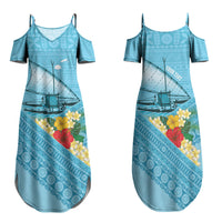 Personalised Bula Vinaka Fiji Drua Family Matching Summer Maxi Dress and Hawaiian Shirt Fijian Traditional Canoe Tapa Cloth Blue LT14 Mom's Dress Blue - Polynesian Pride