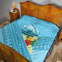 Personalised Bula Vinaka Fiji Drua Quilt Fijian Traditional Canoe Tapa Cloth Blue LT14 - Polynesian Pride