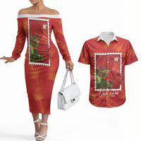 Aloha Hawaii Ohia Lehua Couples Matching Off The Shoulder Long Sleeve Dress and Hawaiian Shirt Hawaiian Lei Stylized Stamp LT14 Red - Polynesian Pride