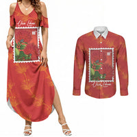 Aloha Hawaii Ohia Lehua Couples Matching Summer Maxi Dress and Long Sleeve Button Shirt Hawaiian Lei Stylized Stamp LT14 Red - Polynesian Pride