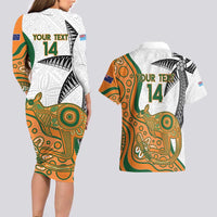Custom Fiji And Australia Rugby Couples Matching Long Sleeve Bodycon Dress and Hawaiian Shirt Fijian Palm Tree Mix Aussie Kangaroo