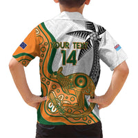 Custom Fiji And Australia Rugby Family Matching Short Sleeve Bodycon Dress and Hawaiian Shirt Fijian Palm Tree Mix Aussie Kangaroo