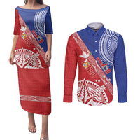 Tonga and Samoa Rugby Custom Couples Matching Puletasi and Long Sleeve Button Shirt Ikale Tahi Manu Samoa Together LT14 Red - Polynesian Pride
