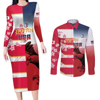 USA and Japan Rugby Custom Couples Matching Long Sleeve Bodycon Dress and Long Sleeve Button Shirt Eagles Brave Blossoms Together Pacific LT14 Red - Polynesian Pride