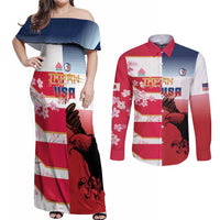 USA and Japan Rugby Custom Couples Matching Off Shoulder Maxi Dress and Long Sleeve Button Shirt Eagles Brave Blossoms Together Pacific - Polynesian Pride