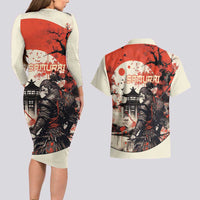 Samurai Warrior Japan Couples Matching Long Sleeve Bodycon Dress and Hawaiian Shirt Red-blossomed Tree Classic Japanese Stylized - Polynesian Pride