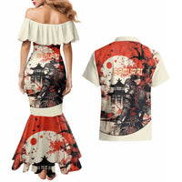 Samurai Warrior Japan Couples Matching Mermaid Dress and Hawaiian Shirt Red-blossomed Tree Classic Japanese Stylized - Polynesian Pride