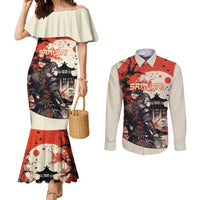 Samurai Warrior Japan Couples Matching Mermaid Dress and Long Sleeve Button Shirt Red-blossomed Tree Classic Japanese Stylized LT14 Red - Polynesian Pride