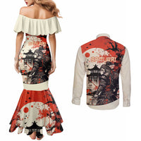 Samurai Warrior Japan Couples Matching Mermaid Dress and Long Sleeve Button Shirt Red-blossomed Tree Classic Japanese Stylized LT14 - Polynesian Pride