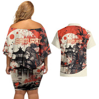 Samurai Warrior Japan Couples Matching Off Shoulder Short Dress and Hawaiian Shirt Red-blossomed Tree Classic Japanese Stylized - Polynesian Pride