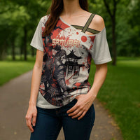 Samurai Warrior Japan Cross Shoulder Shirt Red-blossomed Tree Classic Japanese Stylized LT14 - Polynesian Pride