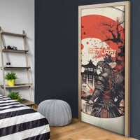 Samurai Warrior Japan Door Cover Red-blossomed Tree Classic Japanese Stylized - Polynesian Pride