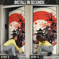 Samurai Warrior Japan Door Cover Red-blossomed Tree Classic Japanese Stylized - Polynesian Pride