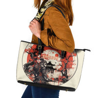 Samurai Warrior Japan Leather Tote Bag Red-blossomed Tree Classic Japanese Stylized - Polynesian Pride