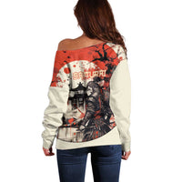 Samurai Warrior Japan Off Shoulder Sweater Red-blossomed Tree Classic Japanese Stylized - Polynesian Pride