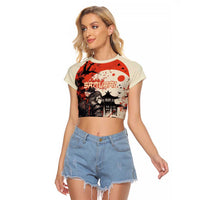 Samurai Warrior Japan Raglan Cropped T Shirt Red-blossomed Tree Classic Japanese Stylized - Polynesian Pride