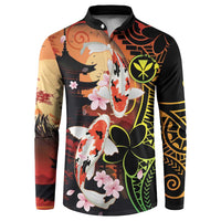 Hawaiian and Japanese Button Sweatshirt Koi Fish With Kanaka Polynesian Tattoo LT14 Black - Polynesian Pride