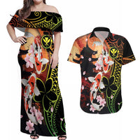 Hawaiian and Japanese Couples Matching Off Shoulder Maxi Dress and Hawaiian Shirt Koi Fish With Kanaka Polynesian Tattoo - Polynesian Pride