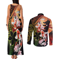 Hawaiian and Japanese Couples Matching Tank Maxi Dress and Long Sleeve Button Shirt Koi Fish With Kanaka Polynesian Tattoo - Polynesian Pride