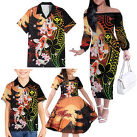 Hawaiian and Japanese Family Matching Off The Shoulder Long Sleeve Dress and Hawaiian Shirt Koi Fish With Kanaka Polynesian Tattoo - Polynesian Pride