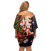 Hawaiian and Japanese Family Matching Off Shoulder Short Dress and Hawaiian Shirt Koi Fish With Kanaka Polynesian Tattoo - Polynesian Pride