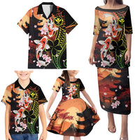 Hawaiian and Japanese Family Matching Puletasi and Hawaiian Shirt Koi Fish With Kanaka Polynesian Tattoo - Polynesian Pride