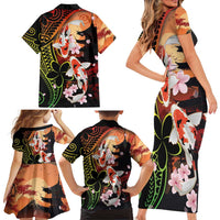 Hawaiian and Japanese Family Matching Short Sleeve Bodycon Dress and Hawaiian Shirt Koi Fish With Kanaka Polynesian Tattoo - Polynesian Pride
