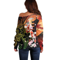 Hawaiian and Japanese Off Shoulder Sweater Koi Fish With Kanaka Polynesian Tattoo - Polynesian Pride