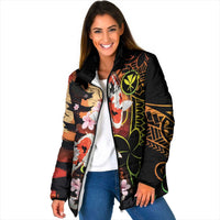 Hawaiian and Japanese Padded Jacket Koi Fish With Kanaka Polynesian Tattoo LT14 Women Black - Polynesian Pride