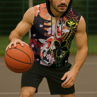 Hawaiian and Japanese Sleeveless Zip Hoodie Koi Fish With Kanaka Polynesian Tattoo LT14 - Polynesian Pride