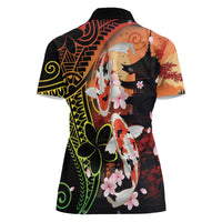 Hawaiian and Japanese Women Polo Shirt Koi Fish With Kanaka Polynesian Tattoo - Polynesian Pride