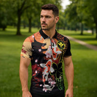 Hawaiian and Japanese Zipper Polo Shirt Koi Fish With Kanaka Polynesian Tattoo LT14 - Polynesian Pride