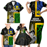 Personalised South Sea Islanders Family Matching Short Sleeve Bodycon Dress and Hawaiian Shirt Kanakas With New Caledonia Coat Of Arms LT14 - Polynesian Pride