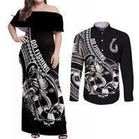 Personalised Polynesia Couples Matching Off Shoulder Maxi Dress and Long Sleeve Button Shirts Fish Hook Tattoo Go Fishing Polynesian Pattern Black LT14 Black - Polynesian Pride