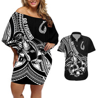 Personalised Polynesia Couples Matching Off Shoulder Short Dress and Hawaiian Shirt Fish Hook Tattoo Go Fishing Polynesian Pattern Black LT14 Black - Polynesian Pride