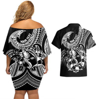 Personalised Polynesia Couples Matching Off Shoulder Short Dress and Hawaiian Shirt Fish Hook Tattoo Go Fishing Polynesian Pattern Black LT14 - Polynesian Pride