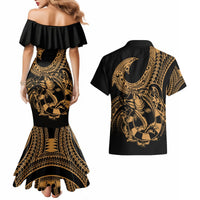 Polynesia Couples Matching Mermaid Dress and Hawaiian Shirt Fish Hook Tattoo Go Fishing Polynesian Pattern Gold LT14 - Polynesian Pride