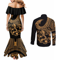 Polynesia Couples Matching Mermaid Dress and Long Sleeve Button Shirts Fish Hook Tattoo Go Fishing Polynesian Pattern Gold LT14 - Polynesian Pride