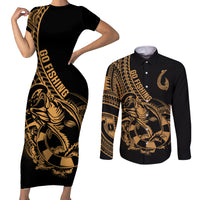 Polynesia Couples Matching Short Sleeve Bodycon Dress and Long Sleeve Button Shirts Fish Hook Tattoo Go Fishing Polynesian Pattern Gold LT14 Gold - Polynesian Pride