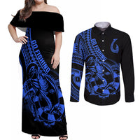 Polynesia Couples Matching Off Shoulder Maxi Dress and Long Sleeve Button Shirts Fish Hook Tattoo Go Fishing Polynesian Pattern Blue LT14 Blue - Polynesian Pride
