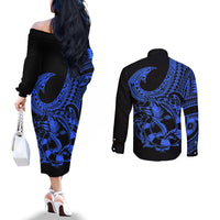 Polynesia Couples Matching Off The Shoulder Long Sleeve Dress and Long Sleeve Button Shirts Fish Hook Tattoo Go Fishing Polynesian Pattern Blue LT14 - Polynesian Pride